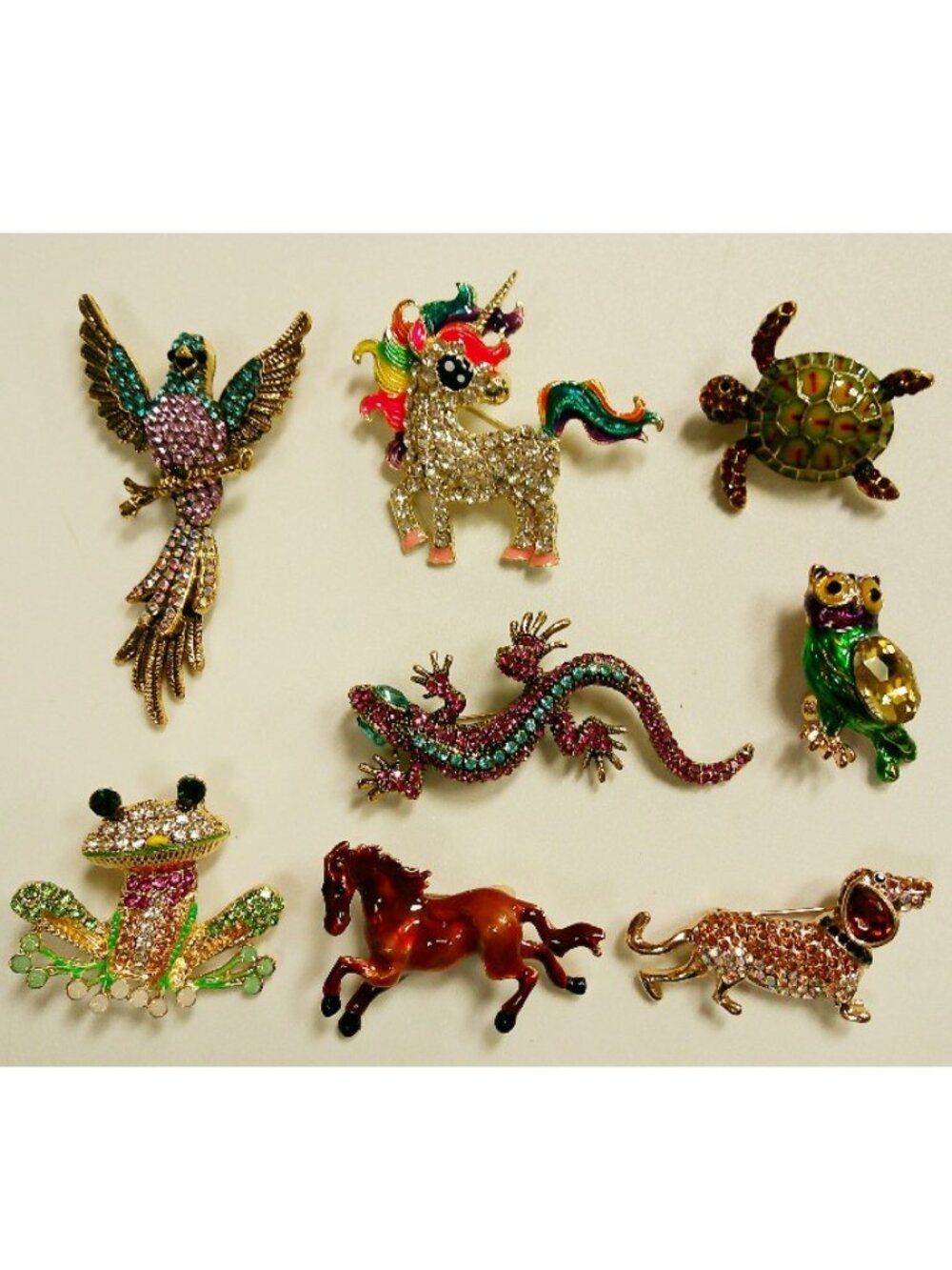 Brooch Lot of 8 - Animal Pins - Frog Owl Bird Dog Turtle